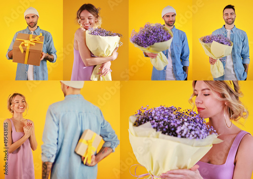 Collage of studio shot on yellow background. Boy and girl. Man and woman with presents and flowers. Purple, jeans and violet concept.