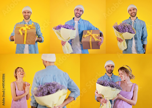 Collage of studio shot on yellow background. Boy and girl. Man and woman with presents and flowers. Purple, jeans and violet concept.