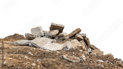 Low View Isolate Debris of large concrete blocks are piled up on the mounds.