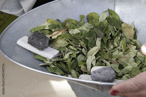 Green tree leaves in a bowl with charcoal for burning