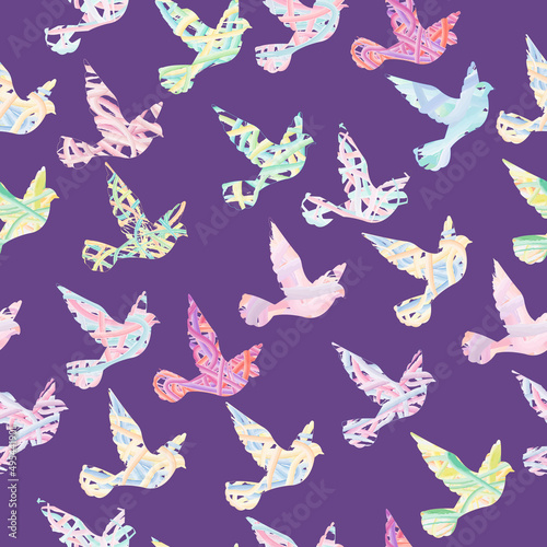 Seamless pattern of colored doves 