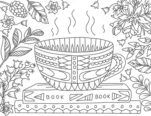 Hand drawn coloring page for kids and adults. Cup, flowers and books. Beautiful drawing with patterns and small details. Coloring pictures. Vector