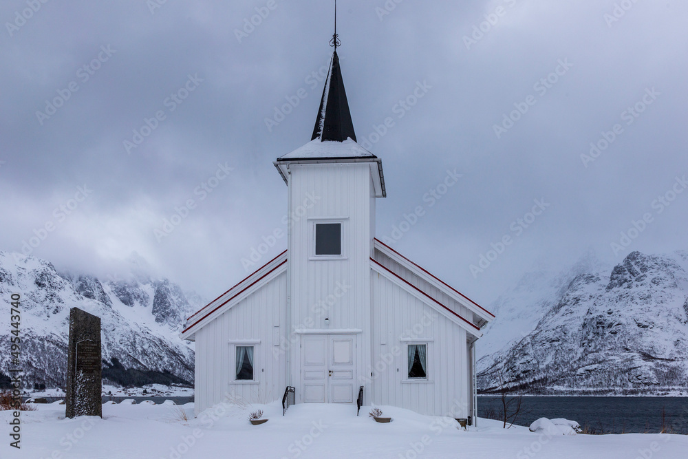 Sildpollnes, Norway 02-26-2022. Old church under snow  at Sildpollnes. Vesteralen islands in Norway.