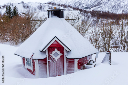 Vesteralen, Norway 02-26-2022. Sauna cabin under snow  at Sildpollnes. Vesteralen islands in Norway. © jefwod