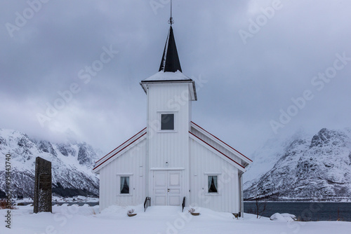 Sildpollnes, Norway 02-26-2022. Old church under snow at Sildpollnes. Vesteralen islands in Norway.