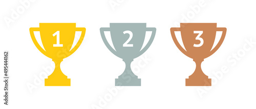 Cup icon. Winner award symbol, gold, silver and bronze. Competition prize for 1st, 2nd and 3rd place. Champion sports trophy. Isolated vector illustration on a white background.