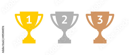 Cup icon. Winner award symbol, gold, silver and bronze. Competition prize for 1st, 2nd and 3rd place. Champion sports trophy. Isolated raster illustration on a white background. photo