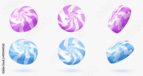 Set of different sides sweet white glossy candies, lollipops with swirl, stripes. Look like 3d rendering. Vector illustration for card, party, flyer, poster, menu, banner, web, advertising.