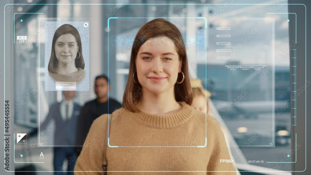 Caucasian Female Proceeds Through Automated Passport Border Control with Identity Face Recognition Scanner at International Airport. Footage Showing Biometric Facial Recognition Scanning Process.