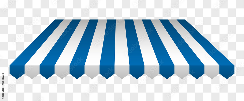 Commercial canopy awning for store. Tent with white and blue stripes for market, shop with shadows on transparent background. Vector Design element. - obrazy, fototapety, plakaty 