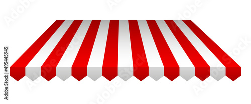 Commercial canopy awning for store. Tent with white and red stripes for market, shop with shadows on transparent background. Vector Design element.