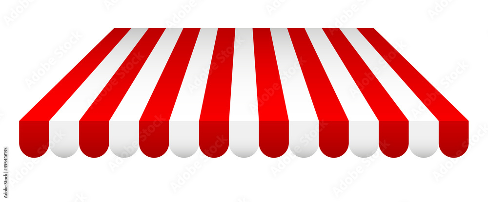 Commercial canopy awning for store. Tent with white and red stripes for market, shop with shadows on transparent background. Vector Design element. - obrazy, fototapety, plakaty 