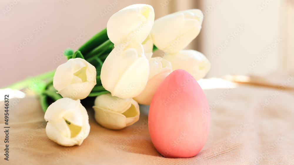 An Easter egg of pink color against a background of white tulips close-up. The concept of holidays and Easter An Easter egg of pink color against a background of white tulips close-up. The concept of holidays and Easter
