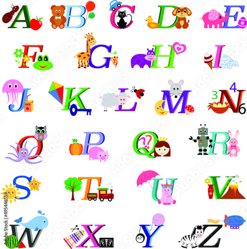 Cartoon alphabet with animals, flowers, cars, and objects, ABC