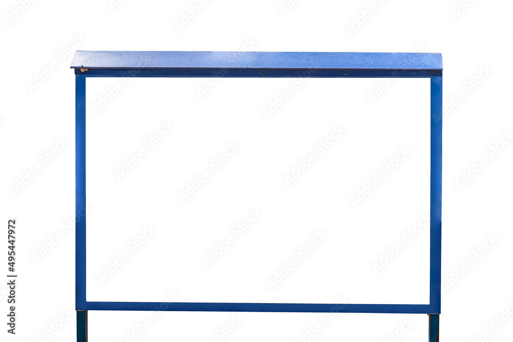 Information display mockup with copy space isolated. Metal construction with blue border and roof for banner with an empty white frame for text Information display mockup with copy space isolated. Metal construction with blue border and roof for banner with an empty white frame for text