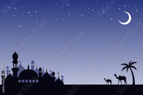 islamic night background with mosque silhouette vector