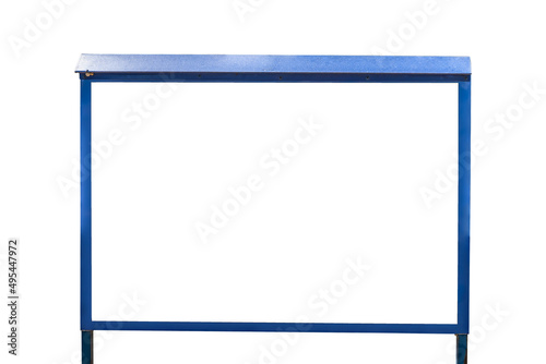 Information display mockup with copy space isolated. Metal construction with blue border and roof for banner with an empty white frame for text
