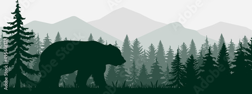 wildlife landscape with bear silhouette and forest, panoramic format realistic vector EPS
