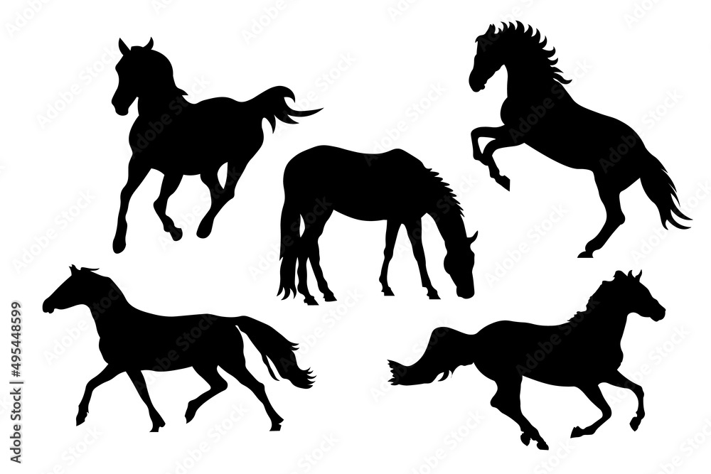 A set of black and white silhouettes of horses running, jumping, bucking and rearing. Vector illustrations. EPS