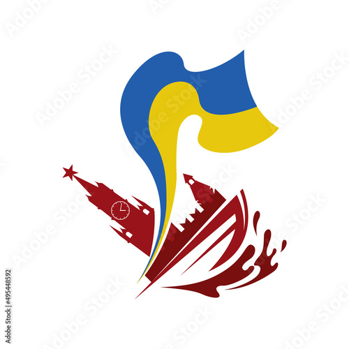 Fotografia the russian ship is broken and the Ukrainian flag comes out of it
