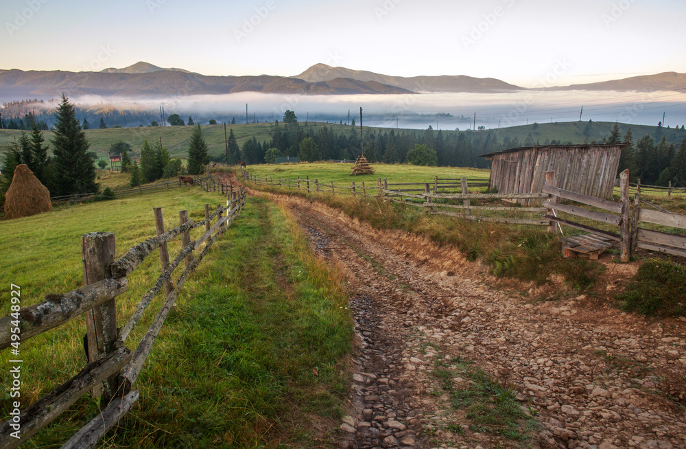 Path high in mountains, rural fields, forests and farmland on background of blue sky, Carpathians, Ukraine
