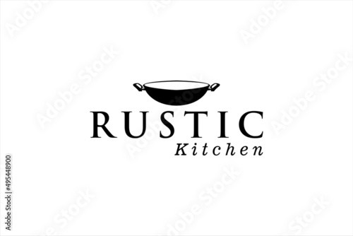 Vintage Retro Rustic Old Skillet Cast Iron for traditional food dish cuisine classic restaurant kitchen logo design