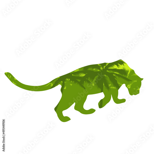 silhouette of panther. Vector wildcat illustration. Side view predator animal isolated on white background as logo african savannah and colorful sky.