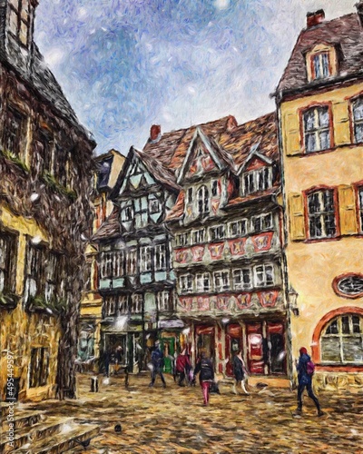 Impressionism painting modern artistic artwork, drawing oil Europe famous street, beautiful old vintage houses facade. Wall art design print template for canvas or paper poster, touristic production