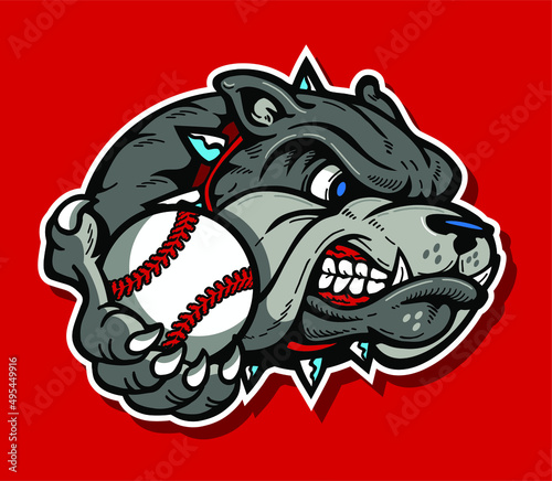 mean bulldog mascot holding baseball for school, college or league