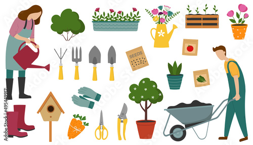 Set of gardening items. Woman with watering can, man with wheelbarrow. Hand drawn agricultural and garden tools for spring work.