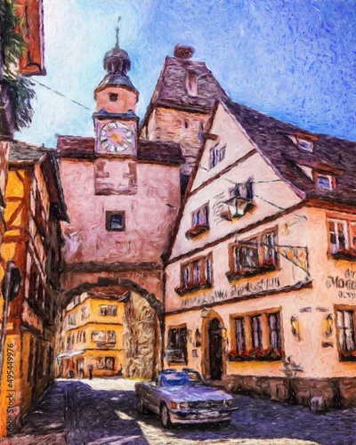 Impressionism painting modern artistic artwork, drawing oil Europe famous street, beautiful old vintage houses facade. Wall art design print template for canvas or paper poster, touristic production © Mashkhurbek