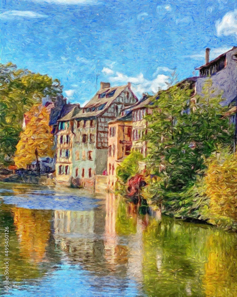 Fototapeta premium Impressionism painting modern artistic artwork, drawing oil Europe famous street, beautiful old vintage houses facade. Wall art design print template for canvas or paper poster, touristic production