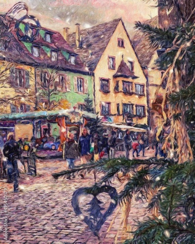 Impressionism painting modern artistic artwork, drawing oil Europe famous street, beautiful old vintage houses facade. Wall art design print template for canvas or paper poster, touristic production © Mashkhurbek