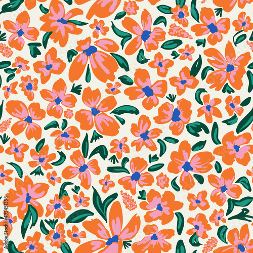 Flowers with leaves seamless repeat pattern. Random placed, hand drawn, vector millefleur plants all over print on white background.