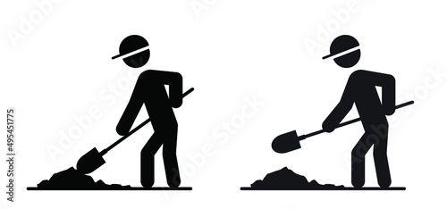 Garden scoop Stickman, stick figure man with scoop for digging. Vector icon or pictogram. Garden tools. Plant hand spade logo. Builder or construction worker with safety helmet. Road work