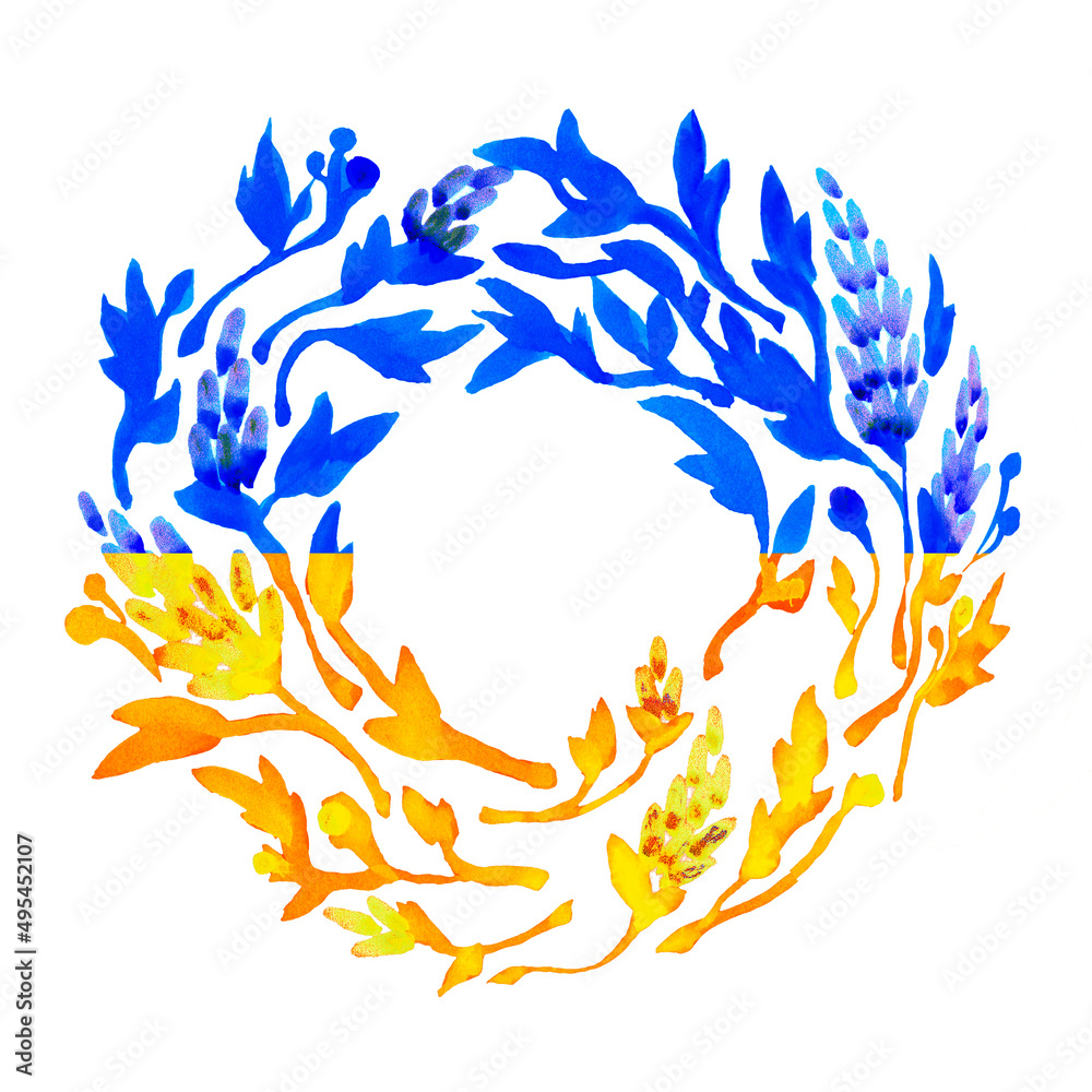 The wreath is made of watercolor flowers, with their own hands, golden and blue flowers.