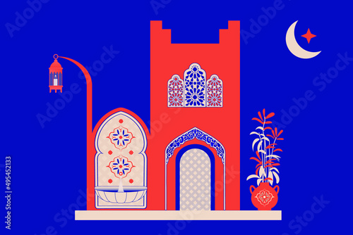 Creative minimalist abstracts. House or mosque facade with water fountain, candle lamp, stairs, indoor plants. Vector illustration.