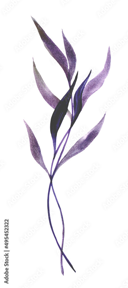 Watercolor Branch with leaves tinted in a trendy color of 2022 very peri. Top illustration