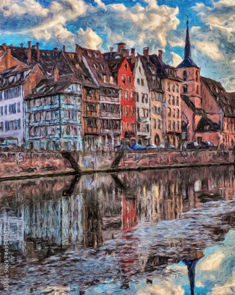 Fototapeta premium Impressionism painting modern artistic artwork, drawing oil Europe famous street, beautiful old vintage houses facade. Wall art design print template for canvas or paper poster, touristic production