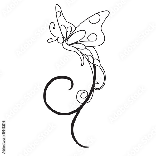 ORNAMENT BUTTERFLY AND FLOWERS PRINT VECTOR. Abstraction. Drawing a butterfly in one line. Vector illustration.