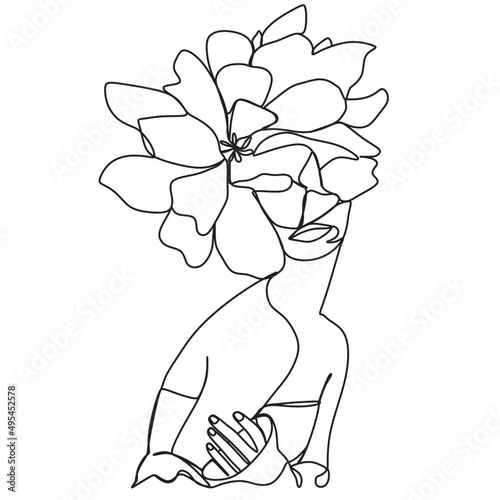 Line drawing. Abstract face with flowers in one line drawing. Contemporary continuous line art. Women's line art. Coloring book. Vector illustration