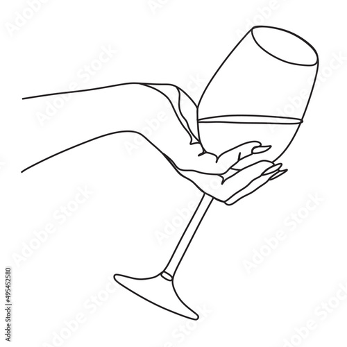 Gentle female hand holding a glass of champagne. Minimalist black linear sketch isolated on white background. Vector illustration