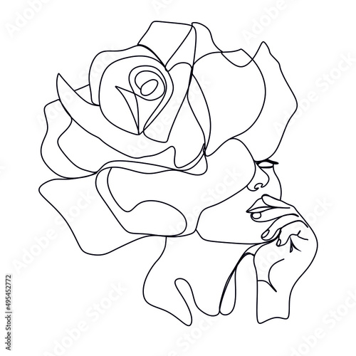 Line drawing. Abstract face with flowers in one line drawing. Contemporary continuous line art. Women's line art. Beauty salon logo. Vector illustration