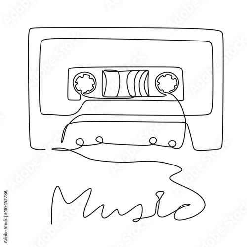 Single continuous line drawing retro compact tape cassette. Line drawing