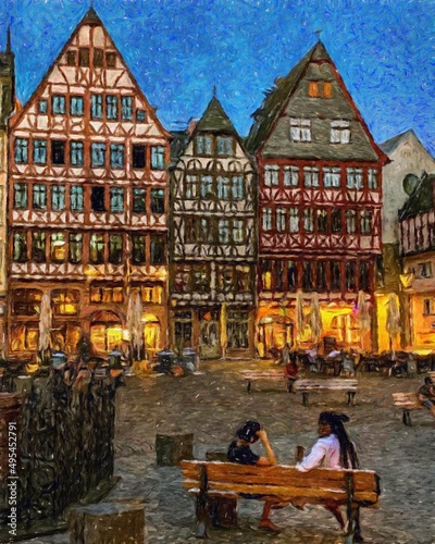 Photography Impressionism painting modern artistic artwork, drawing oil Europe famous street, beautiful old vintage houses facade