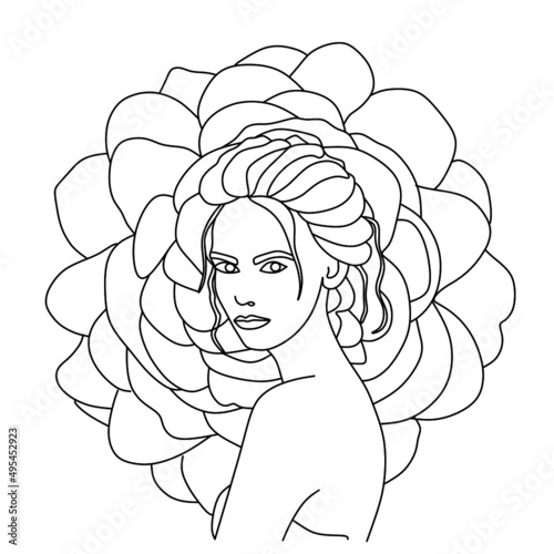 Girl drawing with flower on background. Girl with a flower. Linear art. Vector image
