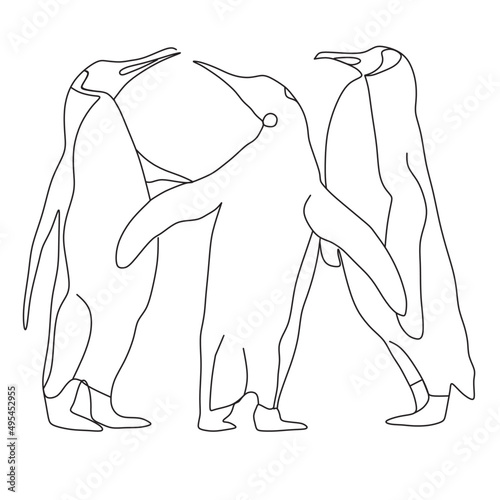 One line drawing of penguins on a white background. Cute animal pose in the ice. Penguin family. Wildlife concept. Vector illustration.