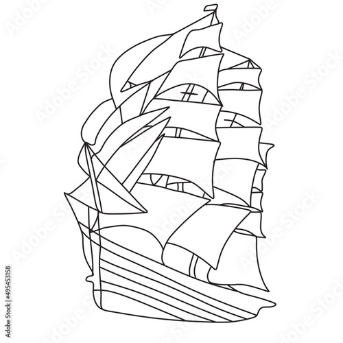Picture of a ship on a white background. Line drawing. Sailing ship. Vector illustration.