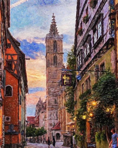 Photography Impressionism painting modern artistic artwork, drawing oil Europe famous street, beautiful old vintage houses facade