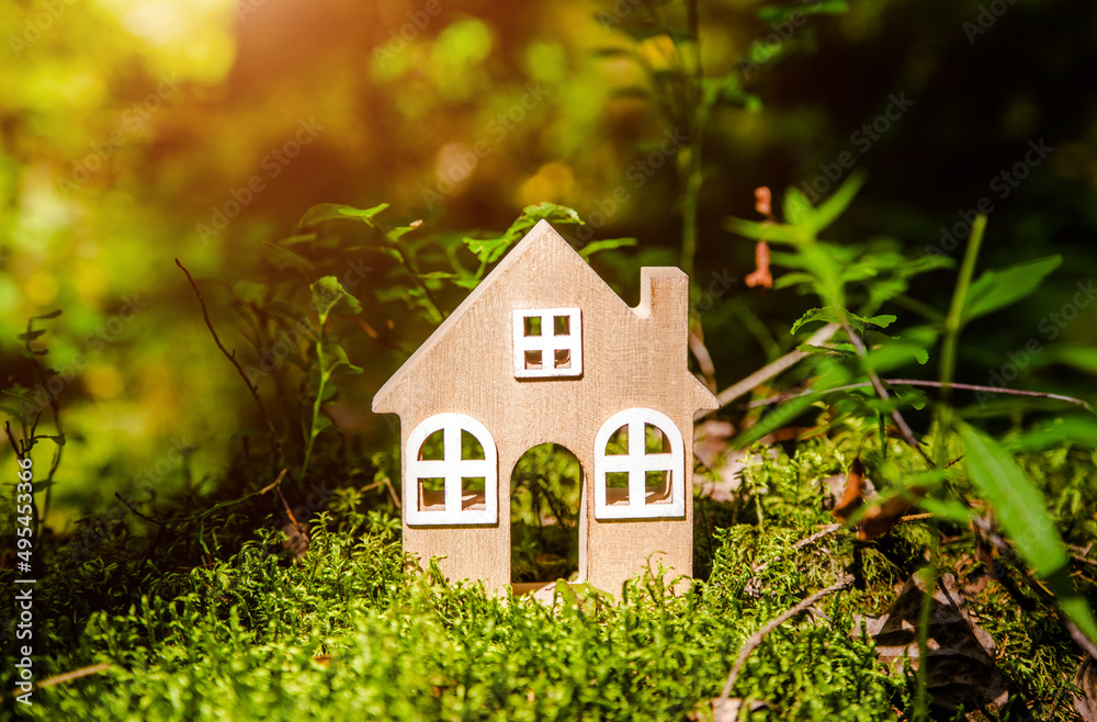 the symbol of the house stands on green moss
the symbol of the house stands on green moss